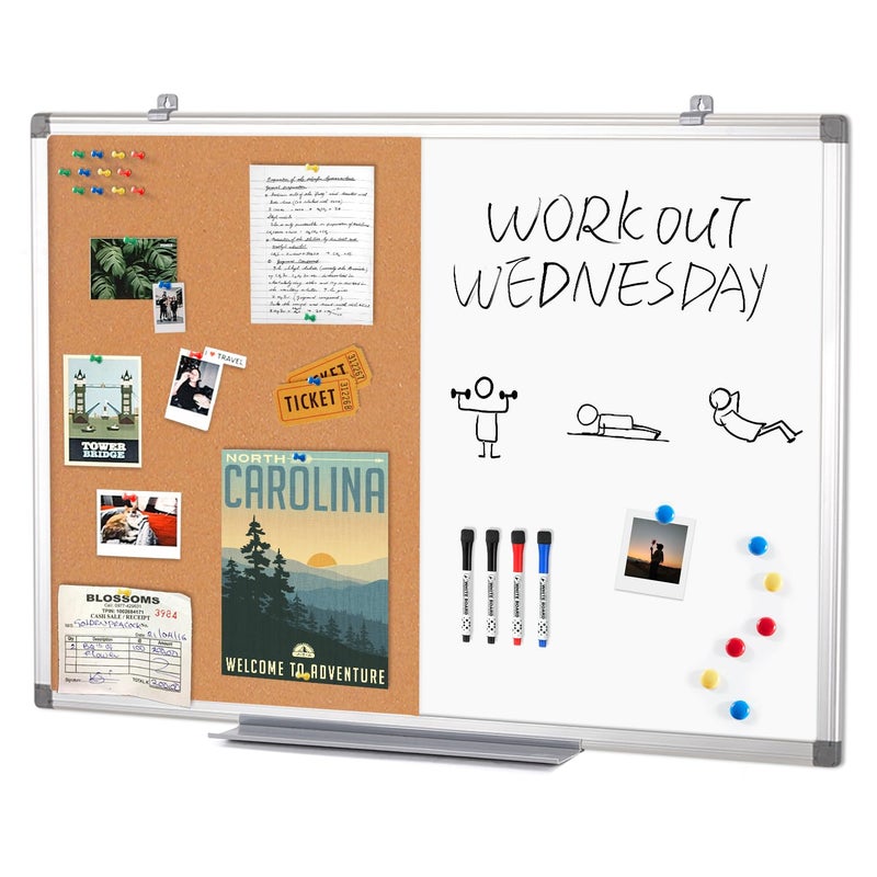 S SWANCROWN Half Corkboard and Magnetic Whiteboard Combo Dry Erase Bulletin Board for Retail School,Office,Family,Aluminium Frame,36x24 Inches - Image 1